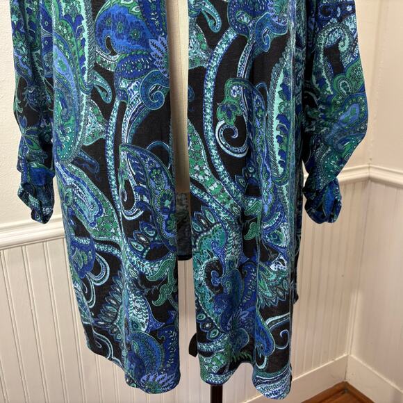 Susan Graver Plus Size 1X Cardigan Sweater Paisley Boho Career Ruched Sleeve - Picture 9 of 13